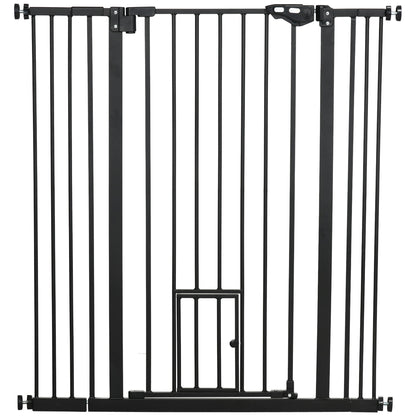 PawHut Extra Tall Pet Gate, Indoor Dog Safety Gate, with Cat Flap, Auto Close, 74-101cm Wide - Black