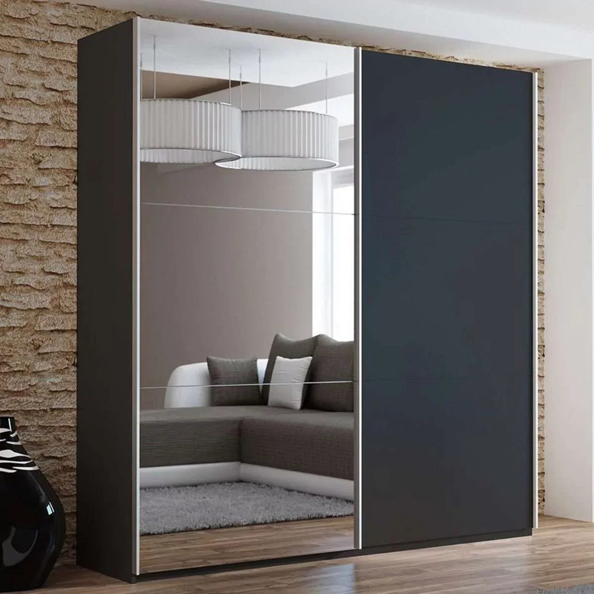 Boris Sliding Door 200cm Wardrobe with Mirror - White, Black, Graphite