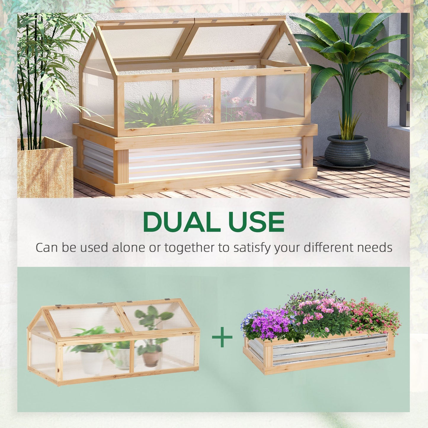 Outsunny Raised Garden Bed with Greenhouse Top, Garden Wooden Cold Frame Greenhouse Flower Planter Protection, 122x 61 x 81.7cm, Natural