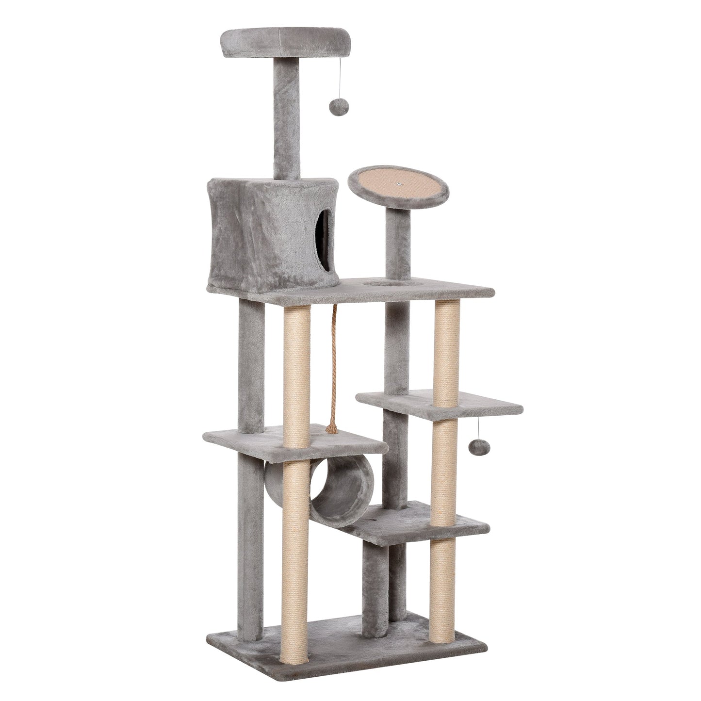 PawHut Cat tree Tower 179cm Climbing Activity Centre Kitten with Jute Scratching Post Pad Condo Perch Hanging Balls Teasing Rope Toy Dark Grey