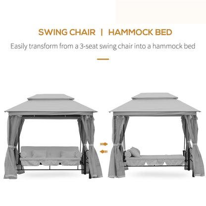 Outsunny 3 Seater Convertible Swing Chair, Outdoor Gazebo Swing Seat Bed with Double Tier Canopy, Cushioned Seat, Mesh Sidewalls, Light Grey