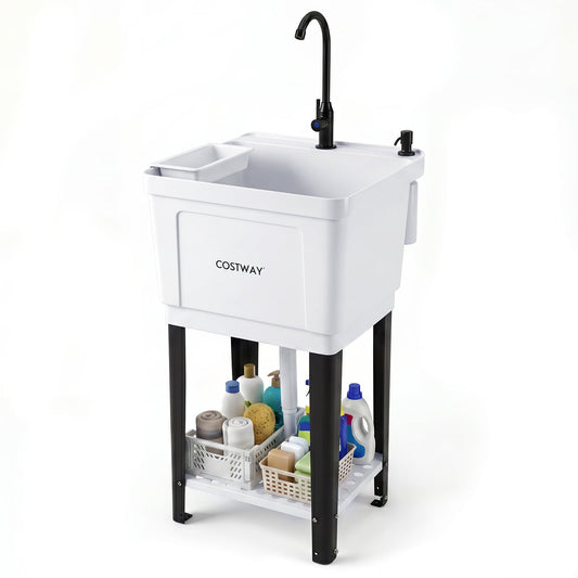 55L Utility Sink Laundry Tub with Rotating Faucet Storage Shelf Drip Tray Adjustable Legs-S
