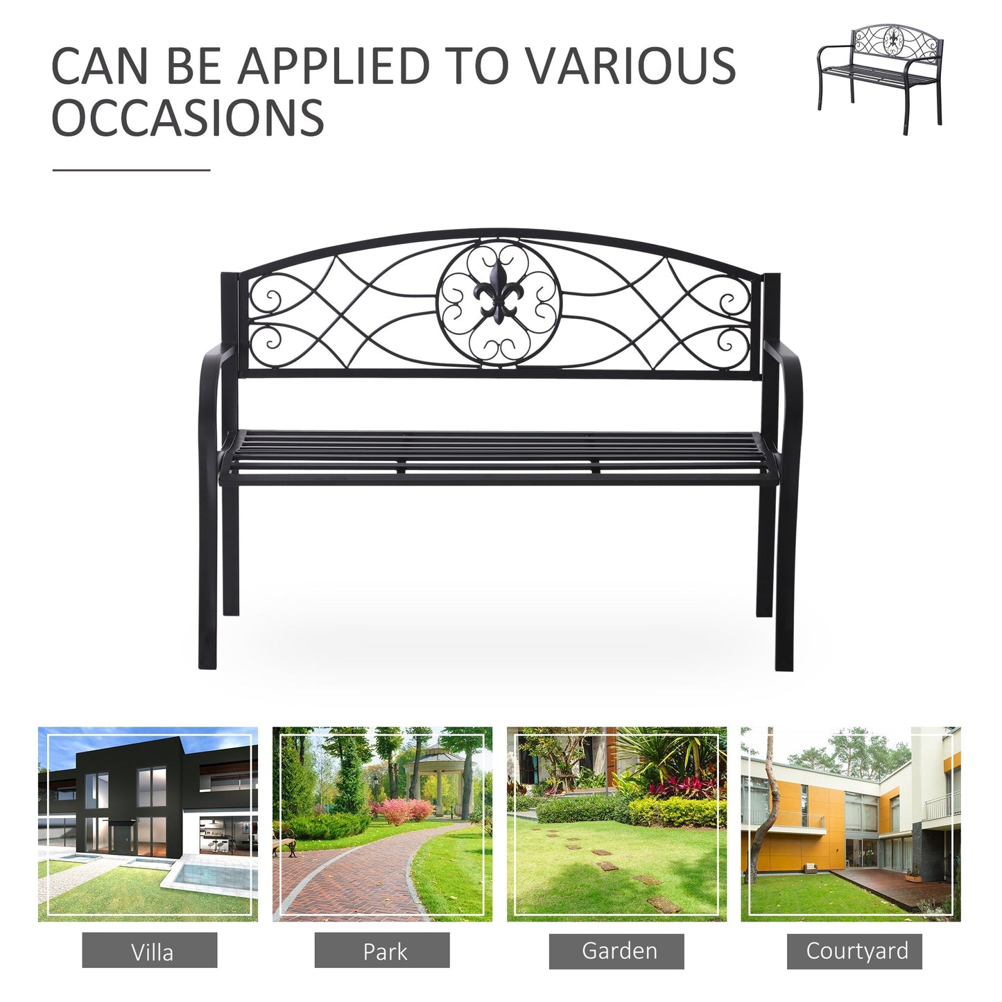 Outsunny 2 Seater Outdoor Patio Metal Garden Bench Yard Furniture Porch  Park Chair Loveseat Black 129L x 91H x 50W cm