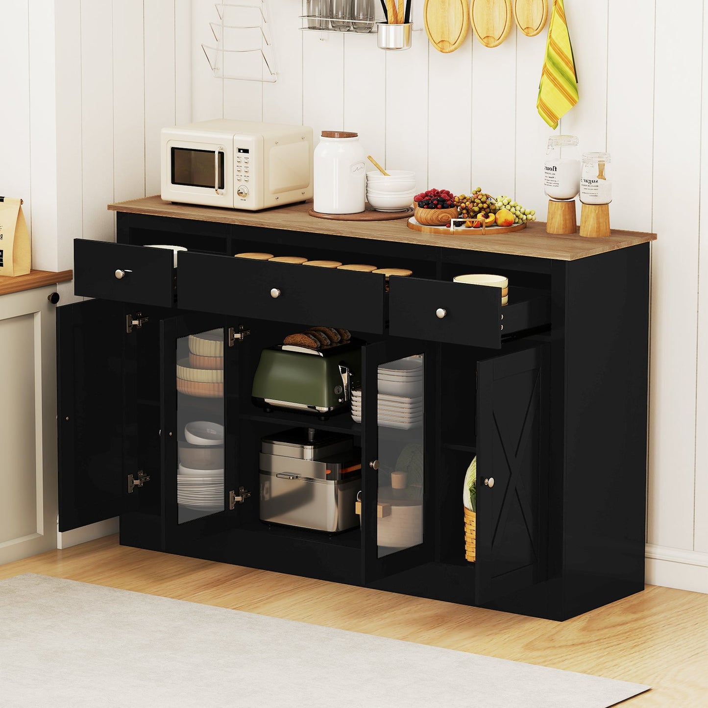 55‚Äù Large Buffet Sideboard Kitchen Storage Modern Coffee Bar Cabinet-Black