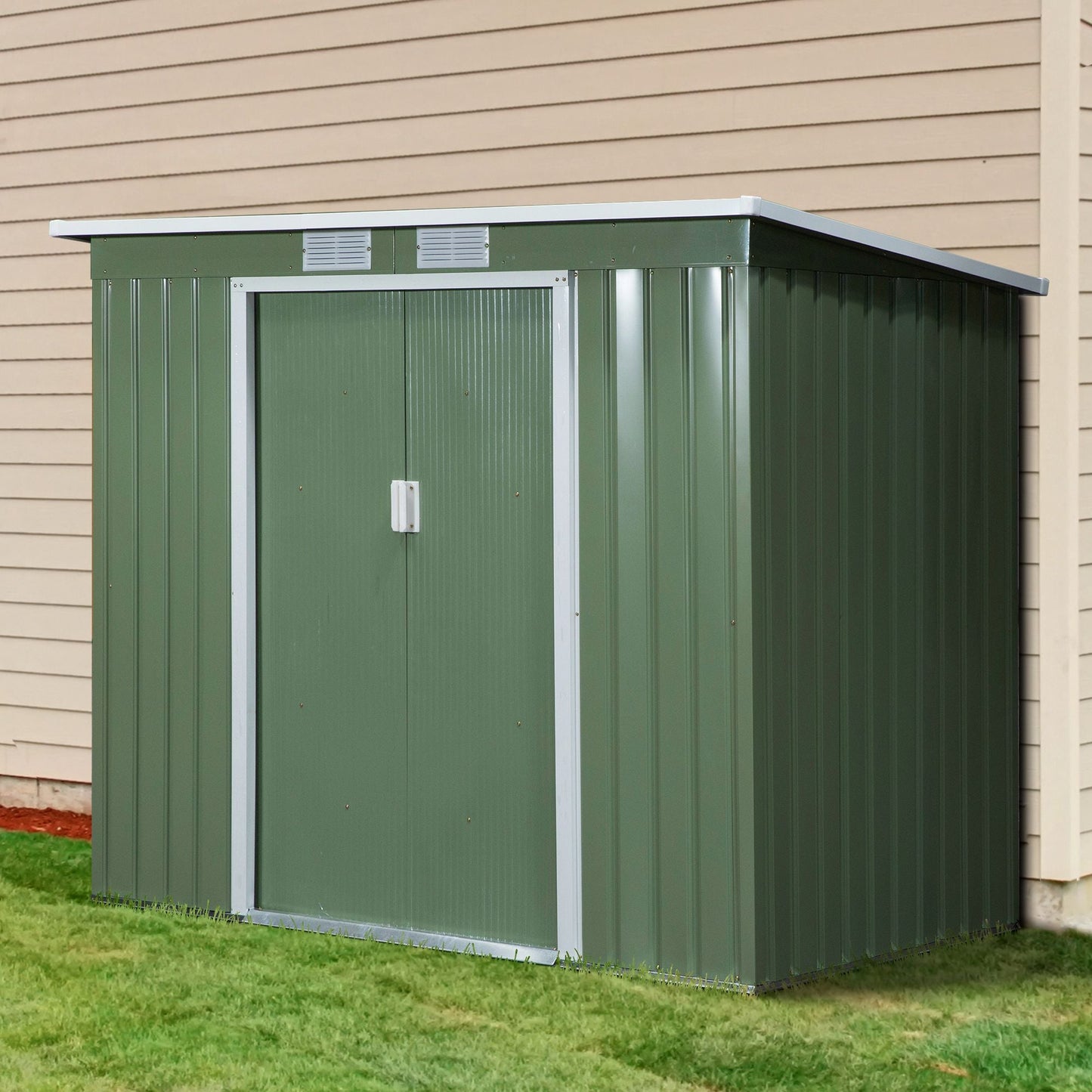 Outsunny 7 x 4ft Lean to Garden Shed with Foundation Kit, Double Door and Vents, Outdoor Metal Storage Shed for Equipment Tools, Green