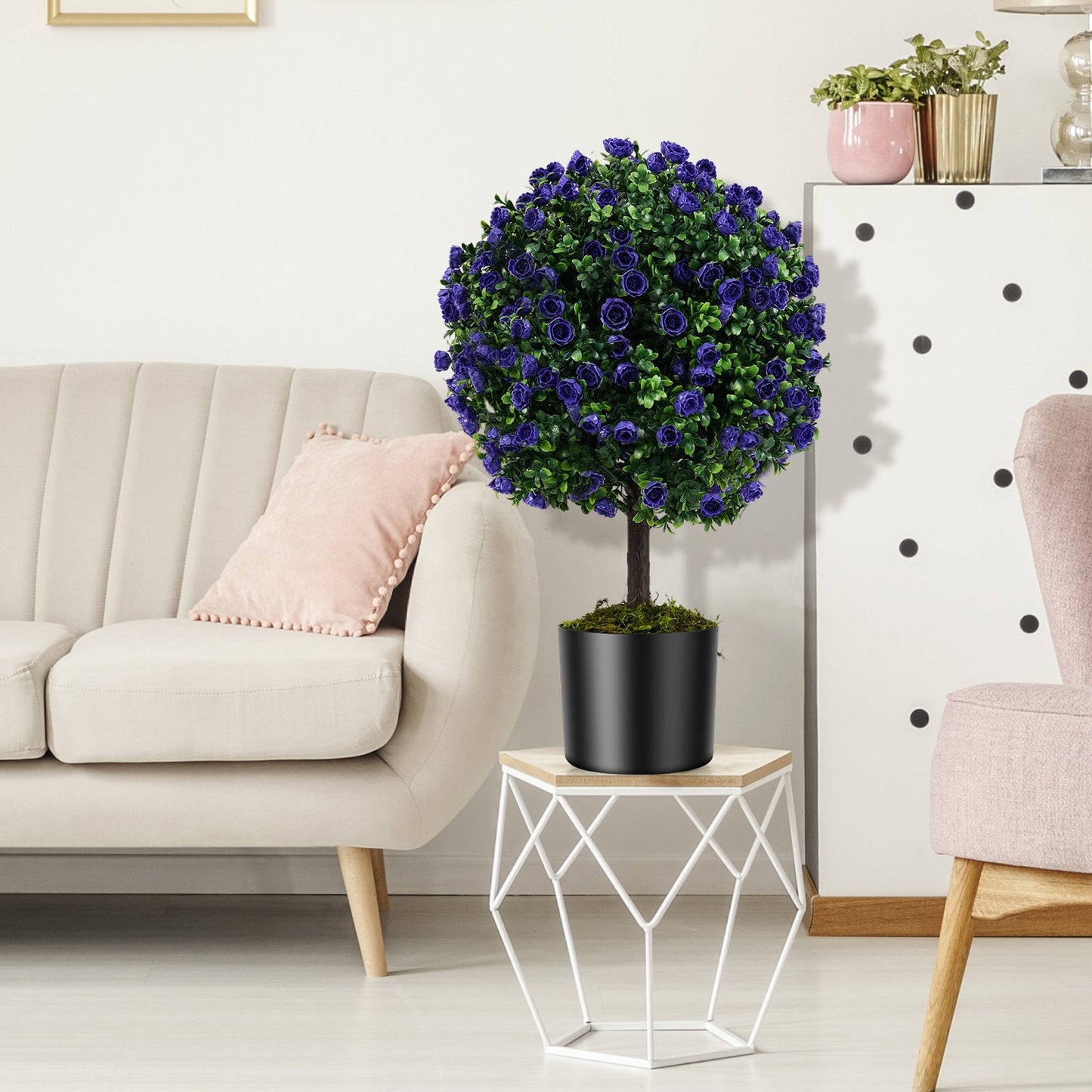 Set of 2 Artificial Purple Rose Topiary Ball Trees 55cm Faux Boxwood Ball Tree-Purple