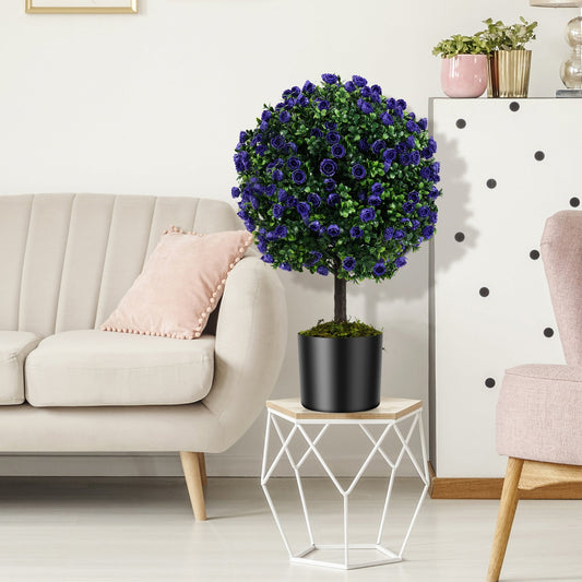 Set of 2 Artificial Purple Rose Topiary Ball Trees 55cm Faux Boxwood Ball Tree-Purple