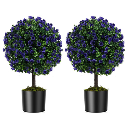 Set of 2 Artificial Purple Rose Topiary Ball Trees 55cm Faux Boxwood Ball Tree-Purple