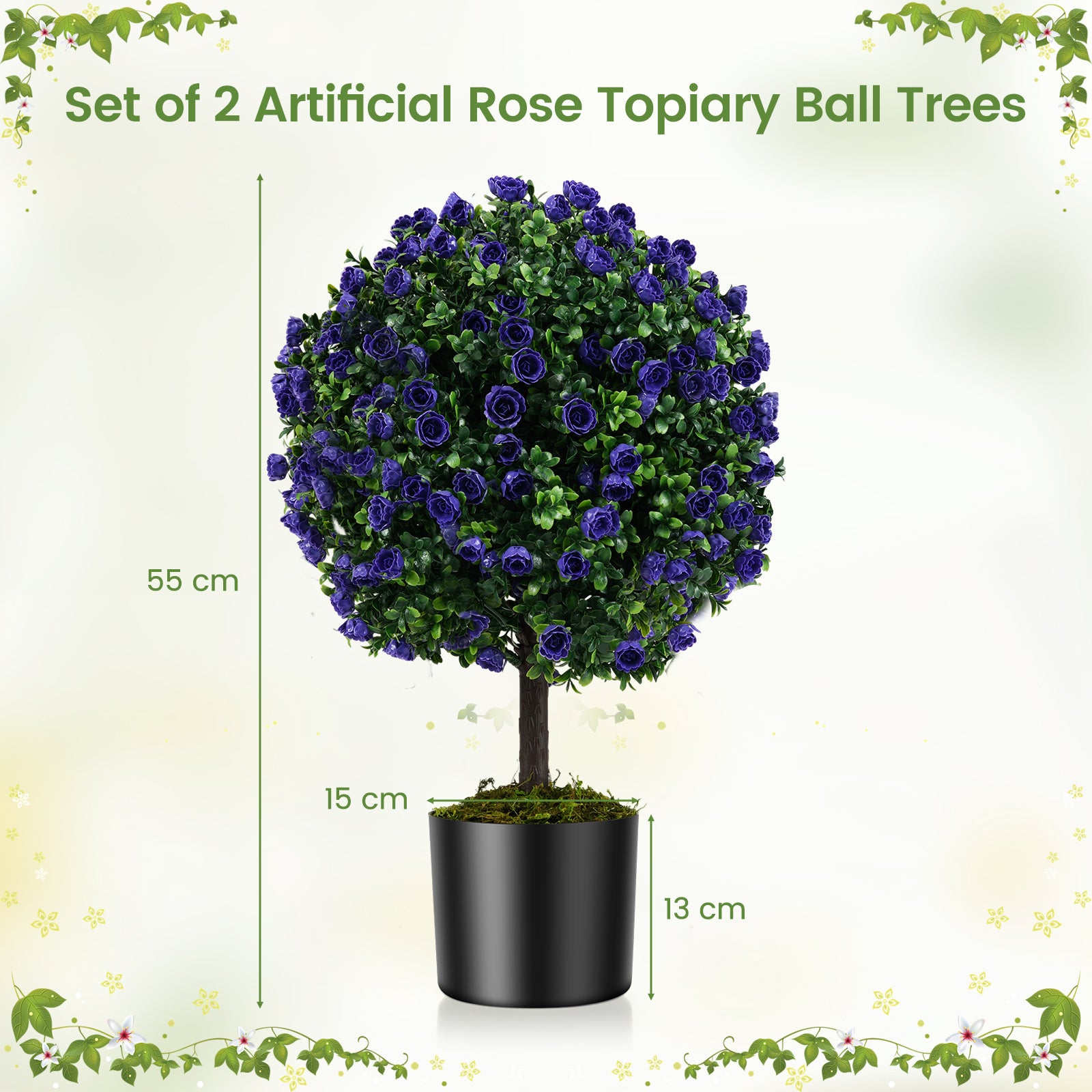 Set of 2 Artificial Purple Rose Topiary Ball Trees 55cm Faux Boxwood Ball Tree-Purple