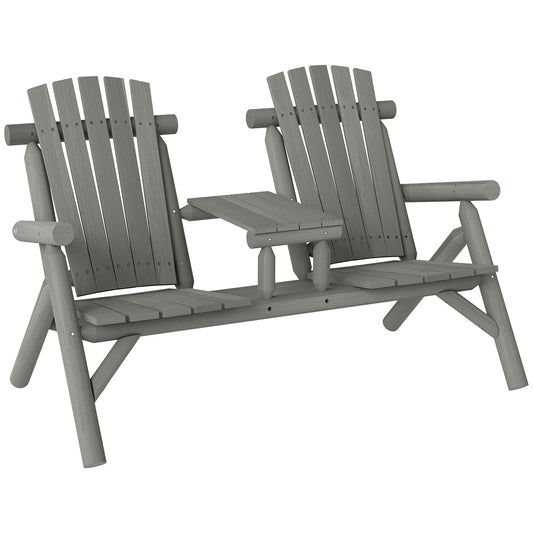 Outsunny Wood Patio Chair Bench 2 Seats w/ Central Coffee Table, ławka ogrodowa, szary