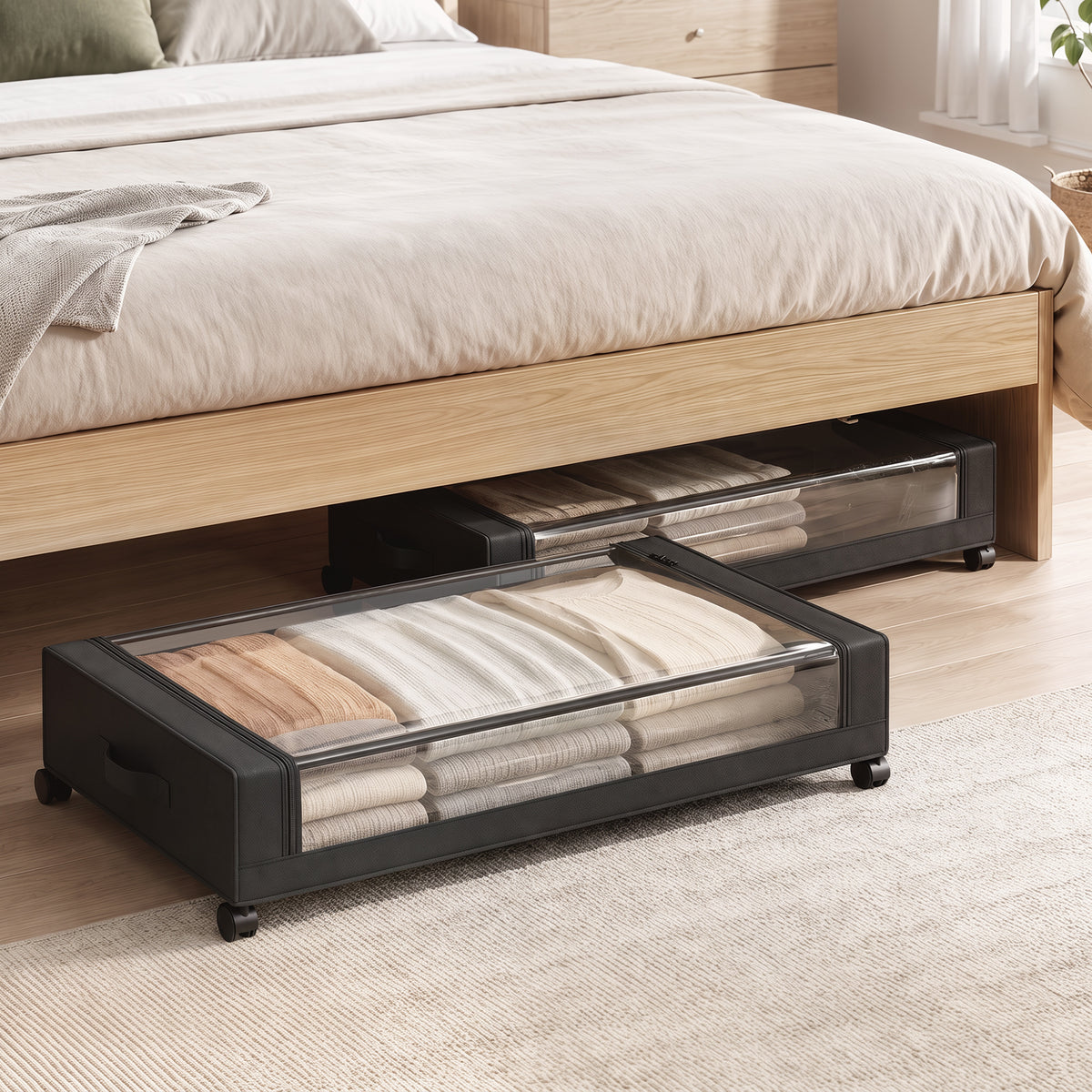HOMCOM 40L Under Bed Storage On Wheels Pack of 2, Fabric Rolling Under Bed Drawers with Clear Lid, Zip, Steel Frame, Black