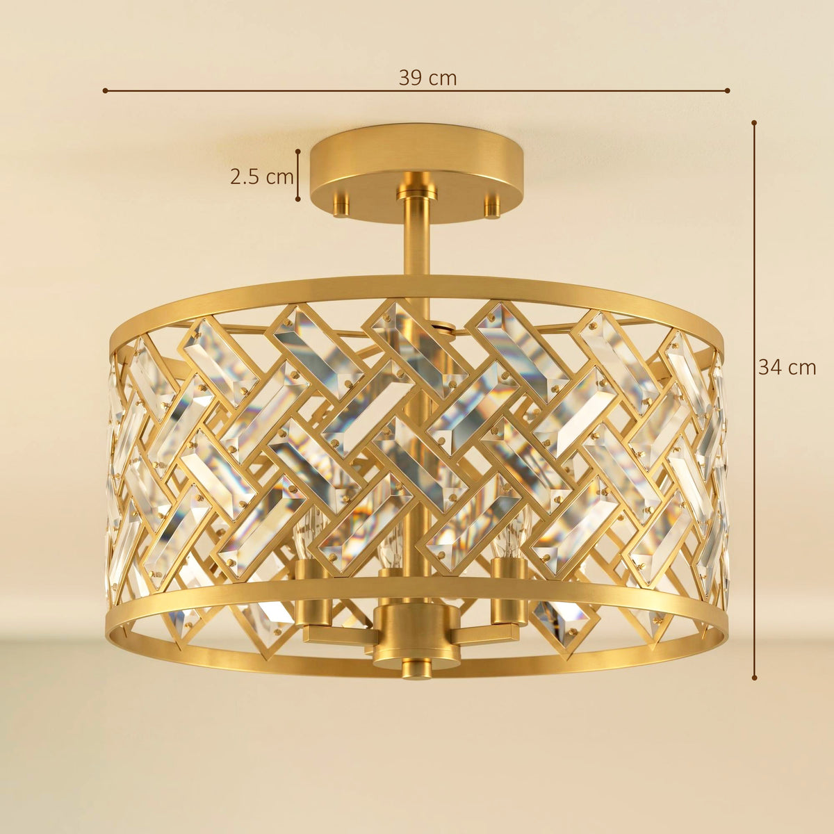 HOMCOM 3-Light Crystal Glass Ceiling Light, Modern Ceiling Lamp w/ 3 E14 Sockets for Living Room, Bulb Not Included, Gold Tone