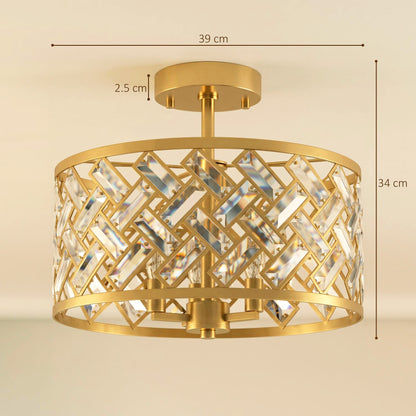 HOMCOM 3-Light Crystal Glass Ceiling Light, Modern Ceiling Lamp w/ 3 E14 Sockets for Living Room, Bulb Not Included, Gold Tone