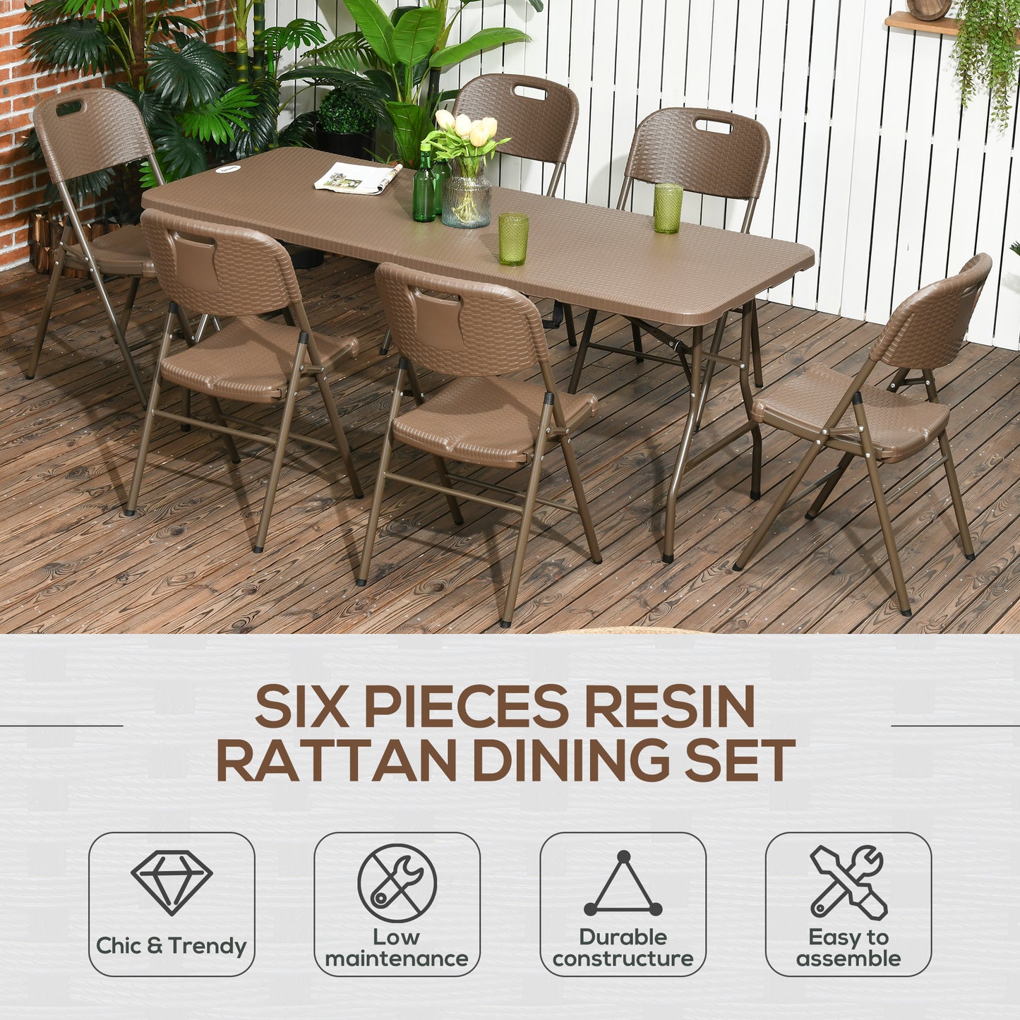 Zestaw jadalny Outsunny 6 Seater Rattan, zestaw mebli ogrodowych z HDPE, stół jadalny i krzesła z 6 fotelami, prostokątny plastikowy blat stołu na patio, balkon, ciemny brąz