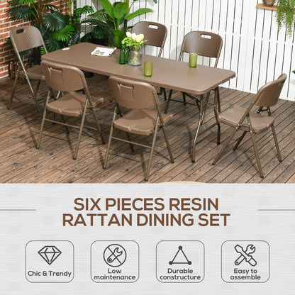 Zestaw jadalny Outsunny 6 Seater Rattan, zestaw mebli ogrodowych z HDPE, stół jadalny i krzesła z 6 fotelami, prostokątny plastikowy blat stołu na patio, balkon, ciemny brąz