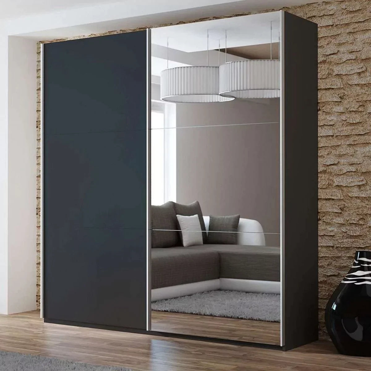 Boris Mirrored Sliding Door Wardrobe 3 Sizes - White, Black, Grey