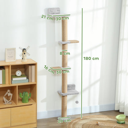 PawHut Wall Mounted Cat Shelves, Cat Climbing Wall with 4 Climbing Platforms, Jute Scratching Post and Toy Ball,180cm Tall, Light Grey
