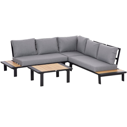 Outsunny 4-częściowy aluminiowy zestaw mebli ogrodowych w kształcie litery L, zestaw sof ze stołami, poduszkami do wnętrz, ogrodu, patio, ciemnoszary