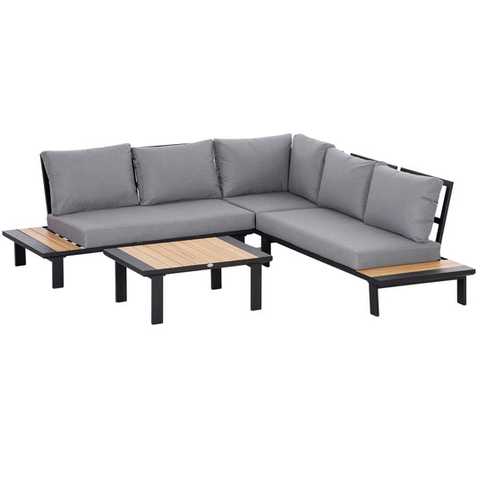Outsunny 4-częściowy aluminiowy zestaw mebli ogrodowych w kształcie litery L, zestaw sof ze stołami, poduszkami do wnętrz, ogrodu, patio, ciemnoszary