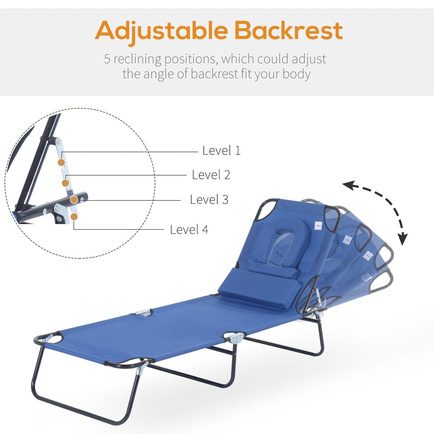 كرسي استرخاء قابل للطي من Outsunny Sun Lounger مع وسادة وفتحة للقراءة، كرسي حديقة الشاطئ في الهواء الطلق قابل للتعديل باللون الأزرق