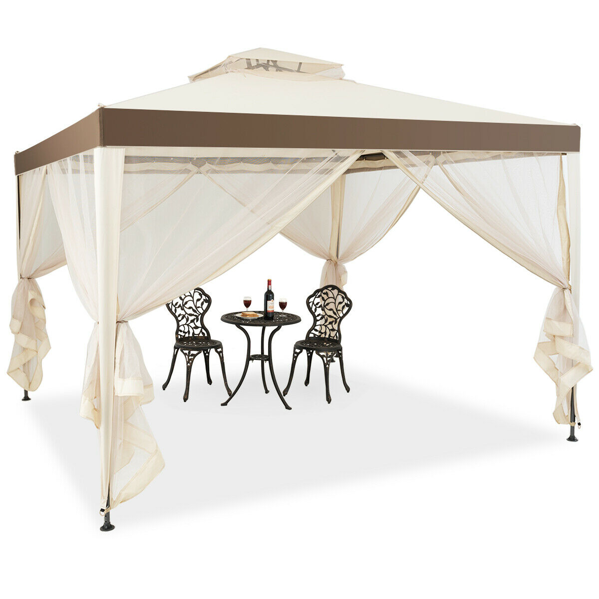 10 x 10ft Double Tiered Canopy Gazebo Garden Shelter Tent-Beige