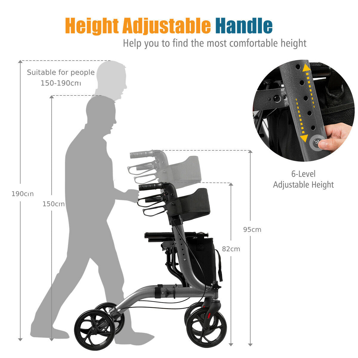 Folding Aluminium Rollator Walker Mobility Aid With 4 Wheels-Grey