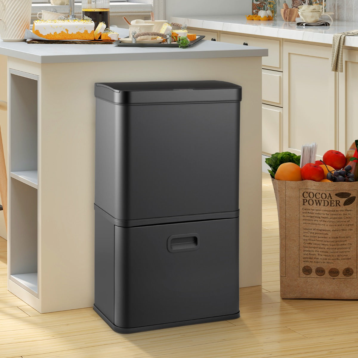 56L Stainless Steel Trash Can Touchless Recycling Garbage Bin-Black
