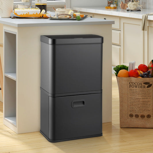56L Stainless Steel Trash Can Touchless Recycling Garbage Bin-Black