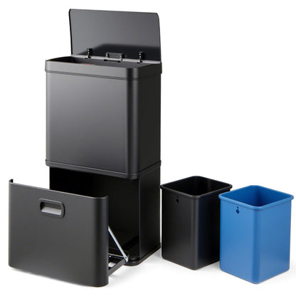 56L Stainless Steel Trash Can Touchless Recycling Garbage Bin-Black