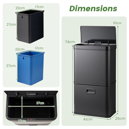 56L Stainless Steel Trash Can Touchless Recycling Garbage Bin-Black