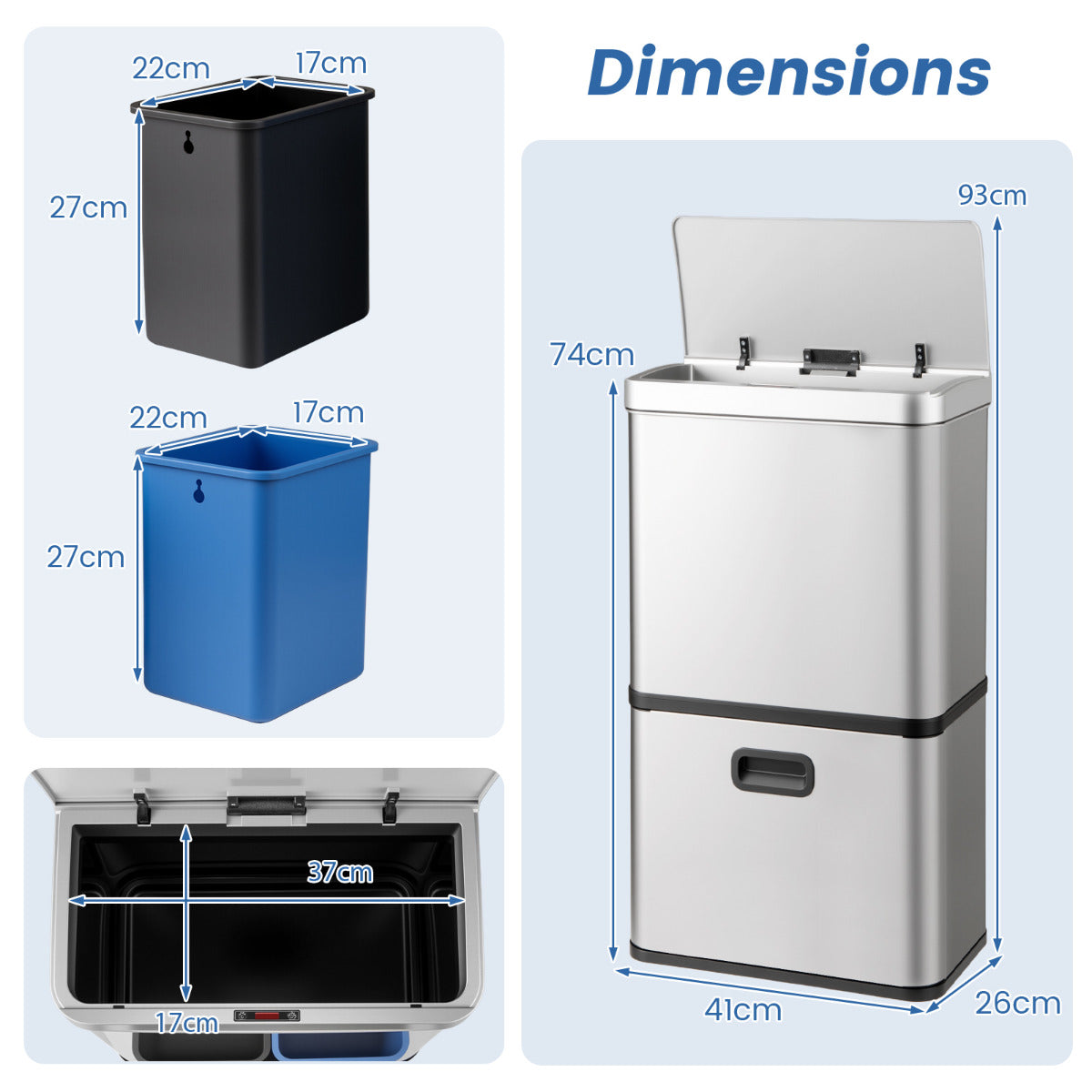 56L Stainless Steel Trash Can Touchless Recycling Garbage Bin-Silver