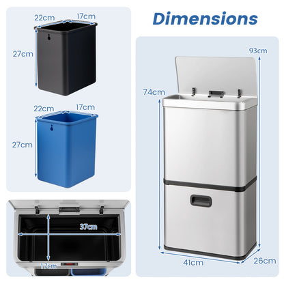 56L Stainless Steel Trash Can Touchless Recycling Garbage Bin-Silver