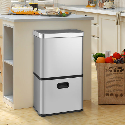56L Stainless Steel Trash Can Touchless Recycling Garbage Bin-Silver