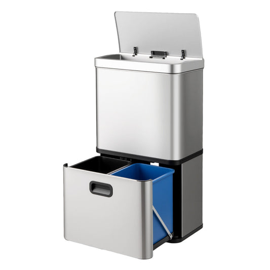 56L Stainless Steel Trash Can Touchless Recycling Garbage Bin-Silver