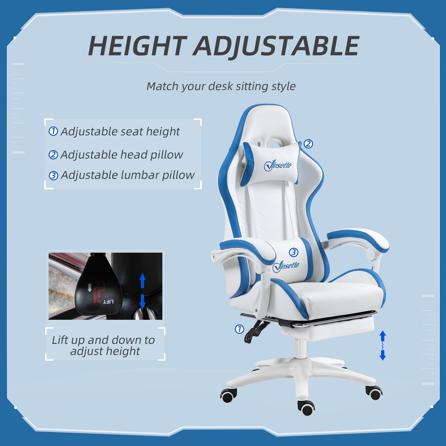 Racing Gaming Chair, Reclining PU Leather Computer Chair, 360 Degree Swivel Seat, Footrest, Removable Headrest and Lumber Support, White and Blue