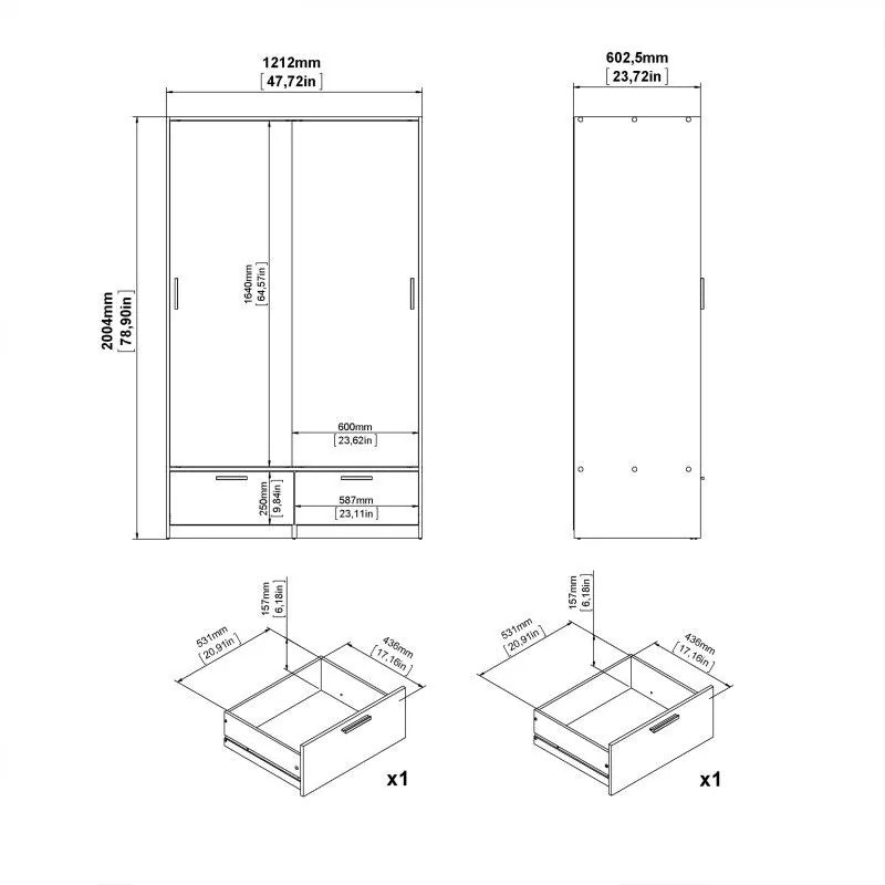 Line Wardrobe with 2 Doors + 2 Drawers in White and Concrete