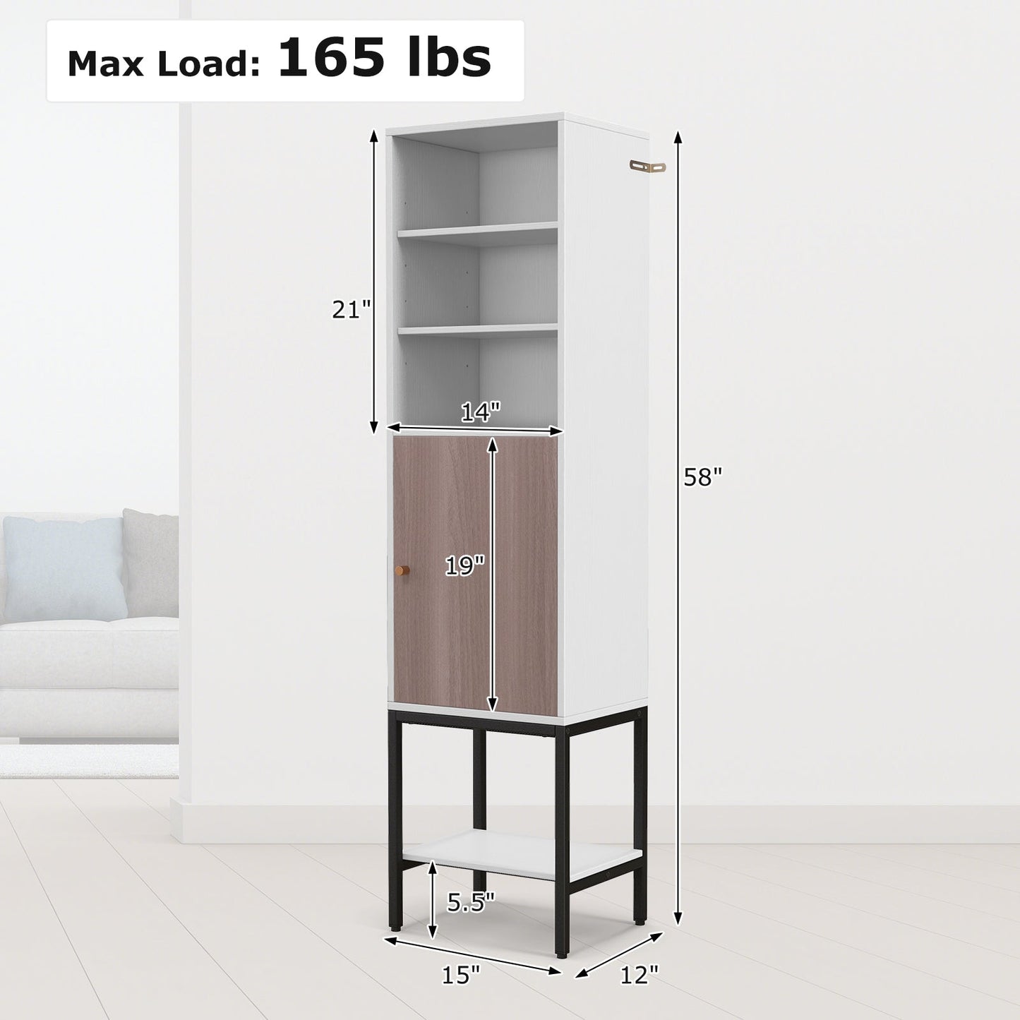146cm Tall Storage Cabinet with Adjustable Shelfs and Bottom Storage-White