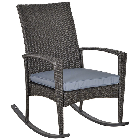 Outsunny Outdoor PE Rattan Bujany fotel, ogrodowy bujany zestaw z podłokietnikiem i poduszką, szary