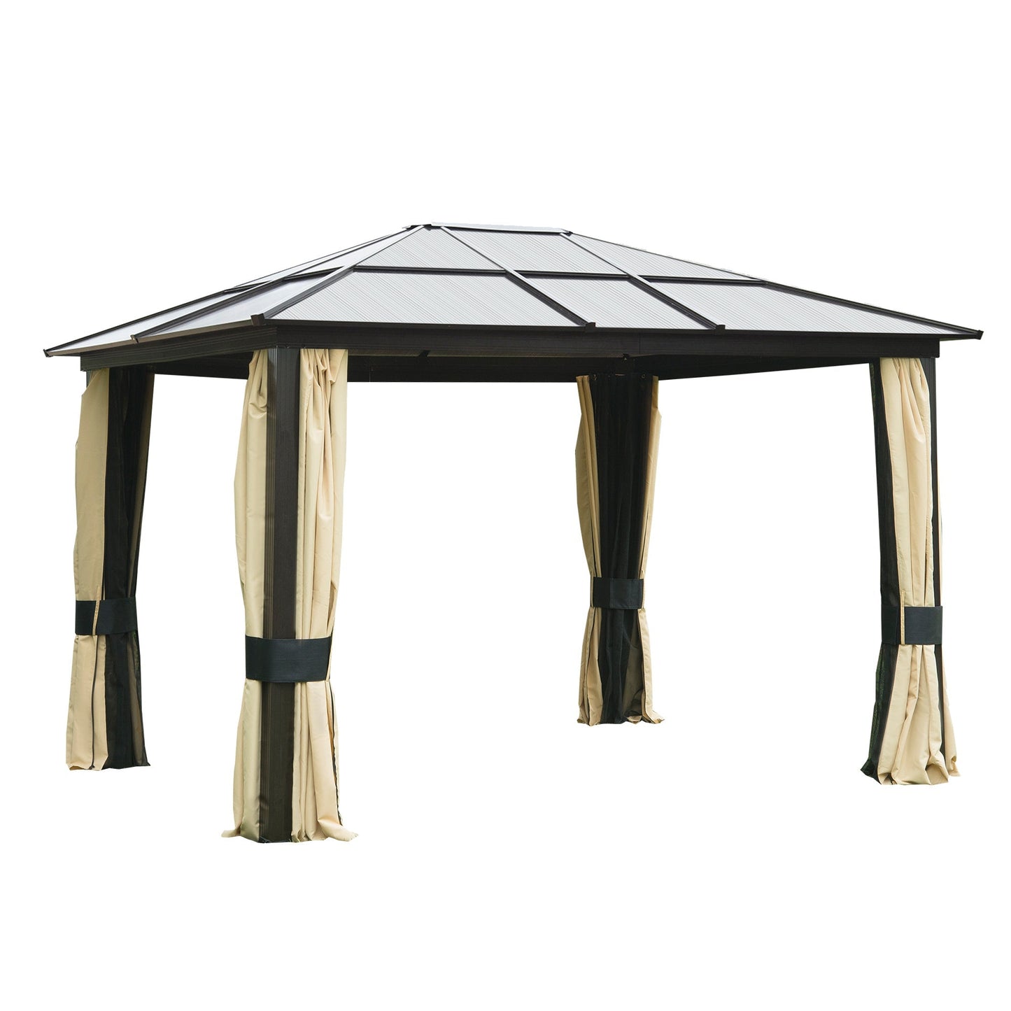 3.6 x 3(m) Hardtop Gazebo Canopy with Polycarbonate Roof and Aluminium Frame, Garden Pavilion with Mosquito Netting and Curtains, Brown