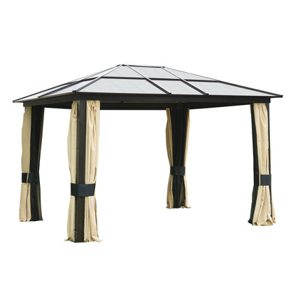 3.6 x 3(m) Hardtop Gazebo Canopy with Polycarbonate Roof and Aluminium Frame, Garden Pavilion with Mosquito Netting and Curtains, Brown