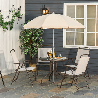 Outsunny Garden Patio Texteline Folding Chairs Plus Table and Parasol Furniture Bistro Set 6 Pieces - Coffee/Cream