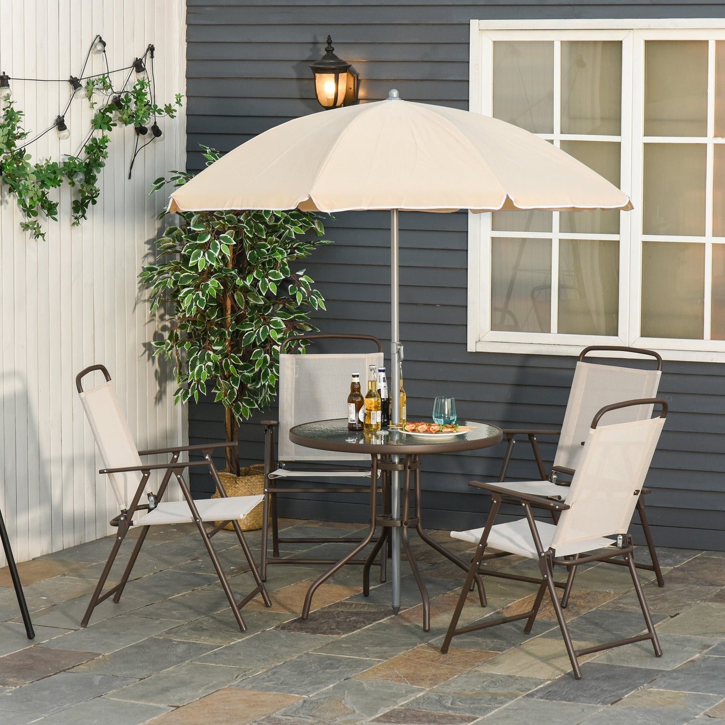 Outsunny Garden Patio Texteline składane krzesła plus stół i parasol meble bistro zestaw 6 sztuk - kawa/krem