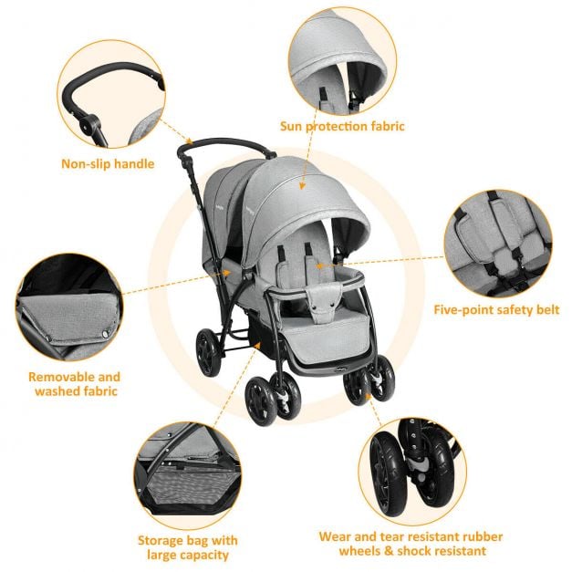Double Pushchair with Adjustable Backrest and Sunshade-Grey