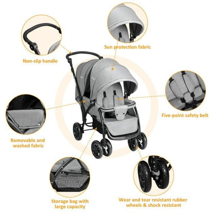 Double Pushchair with Adjustable Backrest and Sunshade-Grey