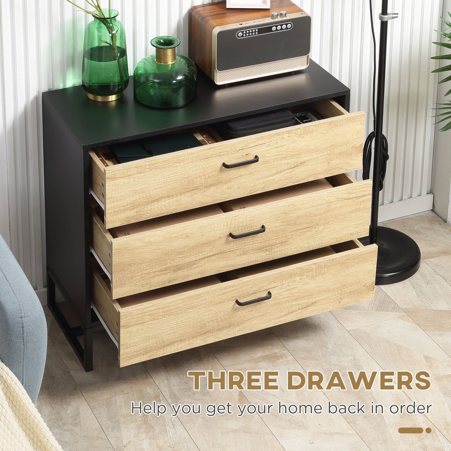 3 Drawer Chest Storage Cabinet Organiser with Steel Frame for Bedroom, Living Room, 80cmx35cmx75cm, Natural