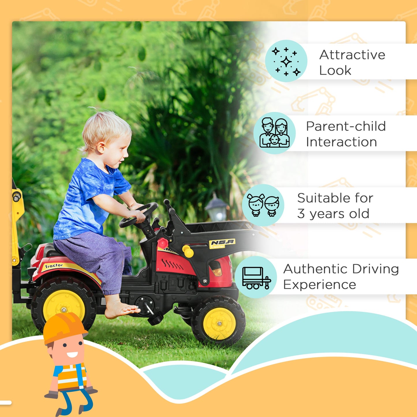 HOMCOM Kids Dziecięcy Gokart na pedały Zabawka Samochód Koparka Traktor z Ruchomą Łyżką Kierownica Zdejmowana Koparka Dla Dzieci w Wieku 3-6 Lat