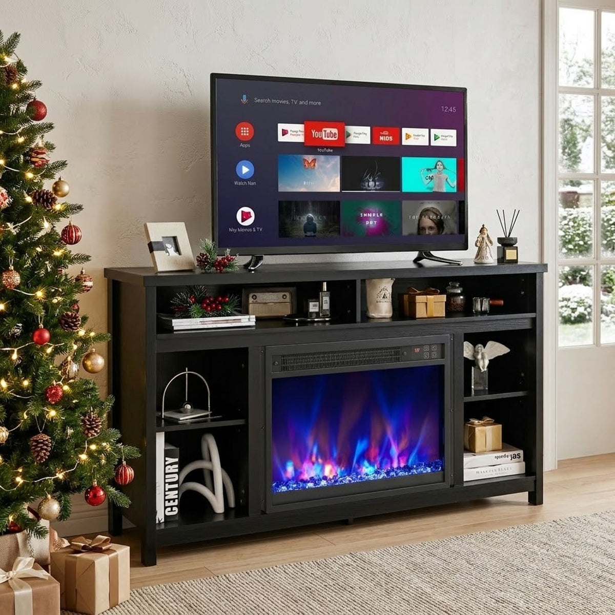 58 Inch TV Stand with Recessed Electric Fireplace Bundle