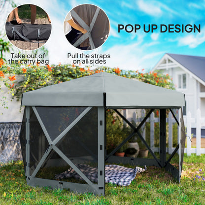 Outsunny 3 x 3(m) Sześciokątny namiot typu pop-up z 5 bokami i torbą transportową, wodoodporny, odporny na promieniowanie UV namiot imprezowy, natychmiastowe schronienie na imprezy z siatką do ogrodu, patio, jasnoszary