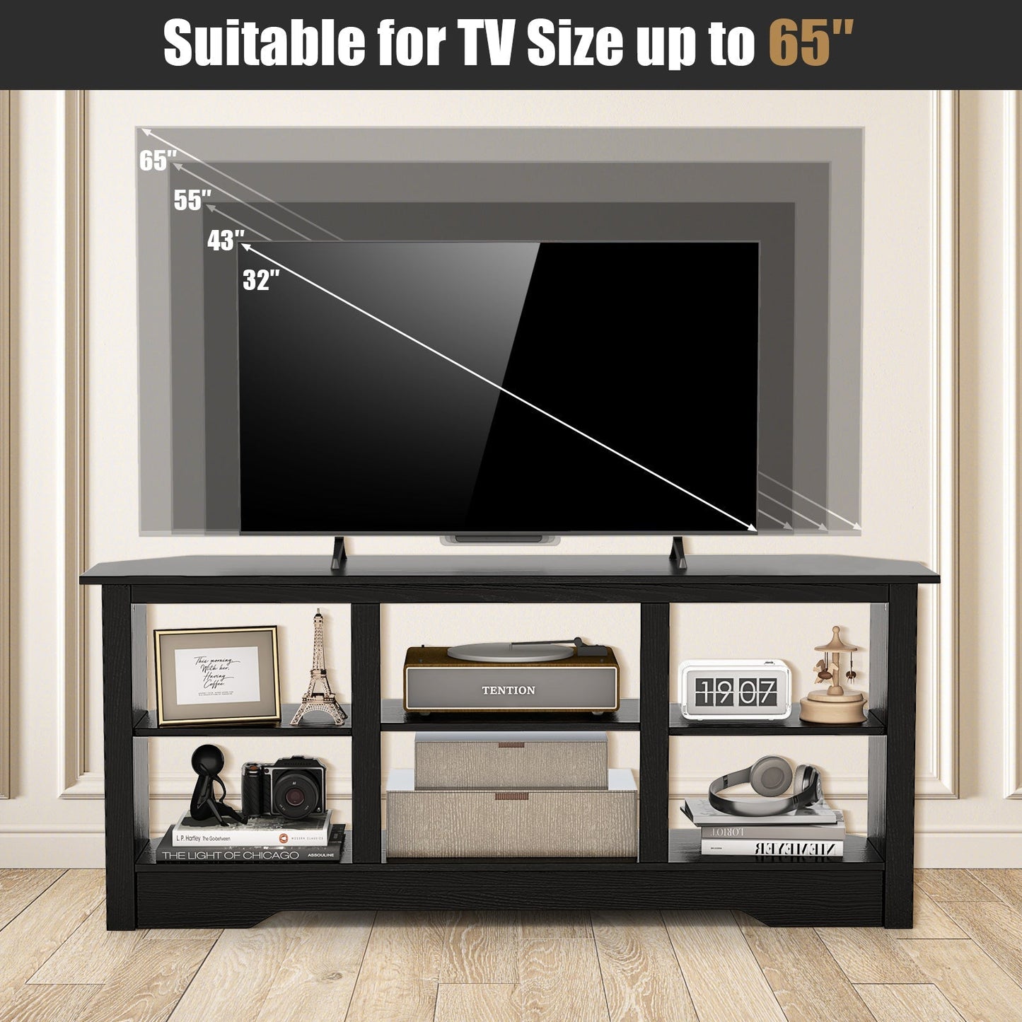 58 Inch TV Stand with 6 Open Storage Shelves for TVs up to 65 Inches-Black