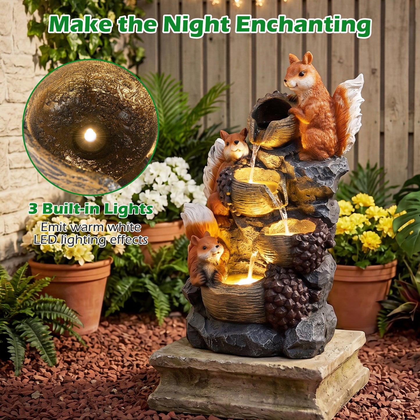 59 cm Outdoor Water Fountain with 3 LED Lights and Pump 4-Tier with Squirrels